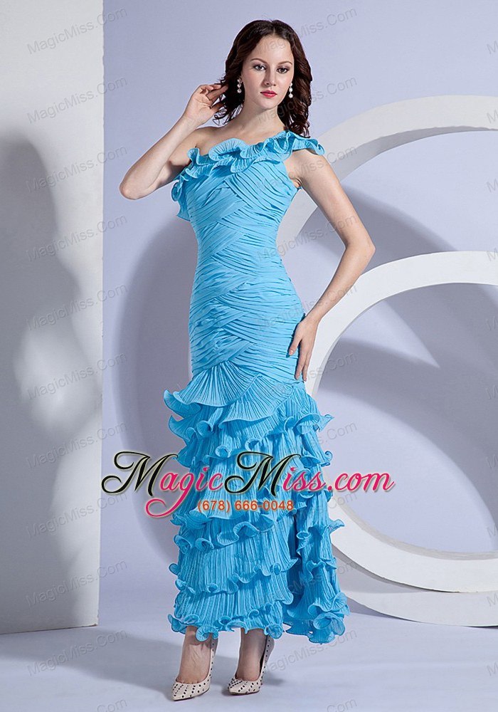 wholesale pleat decorate bodcie one shoulder aqua blue ankle-length 2013 prom dress