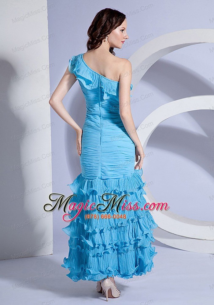 wholesale pleat decorate bodcie one shoulder aqua blue ankle-length 2013 prom dress