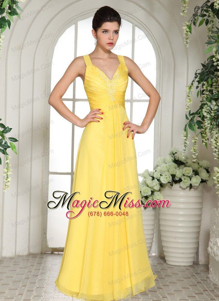 wholesale yellow straps prom dress with appliques for custom made in crosslake