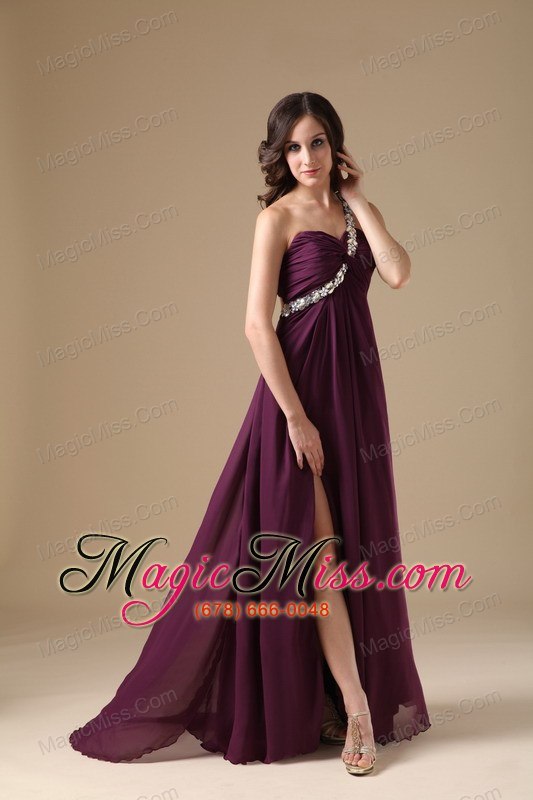 wholesale elegant dark purple empire one shoulder prom dress chiffon beading