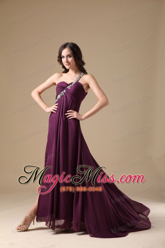 wholesale elegant dark purple empire one shoulder prom dress chiffon beading