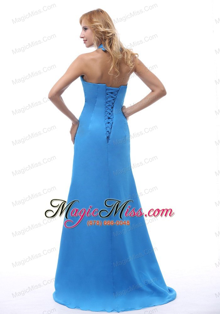wholesale 2013 sky blue halter beaded prom / evening dress with brush train for custom made