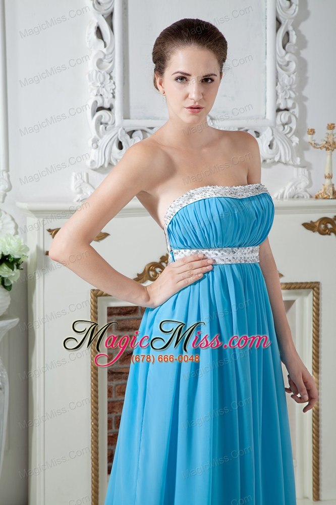 wholesale sexy aqua blue strapless chiffon beading prom dress brush train