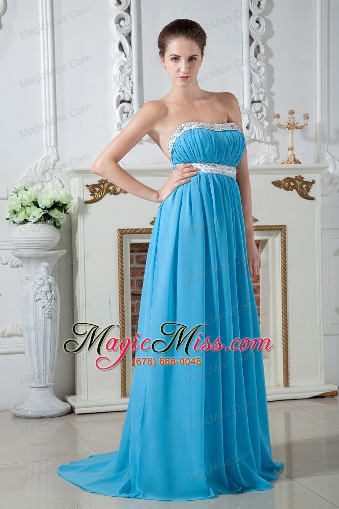 wholesale sexy aqua blue strapless chiffon beading prom dress brush train