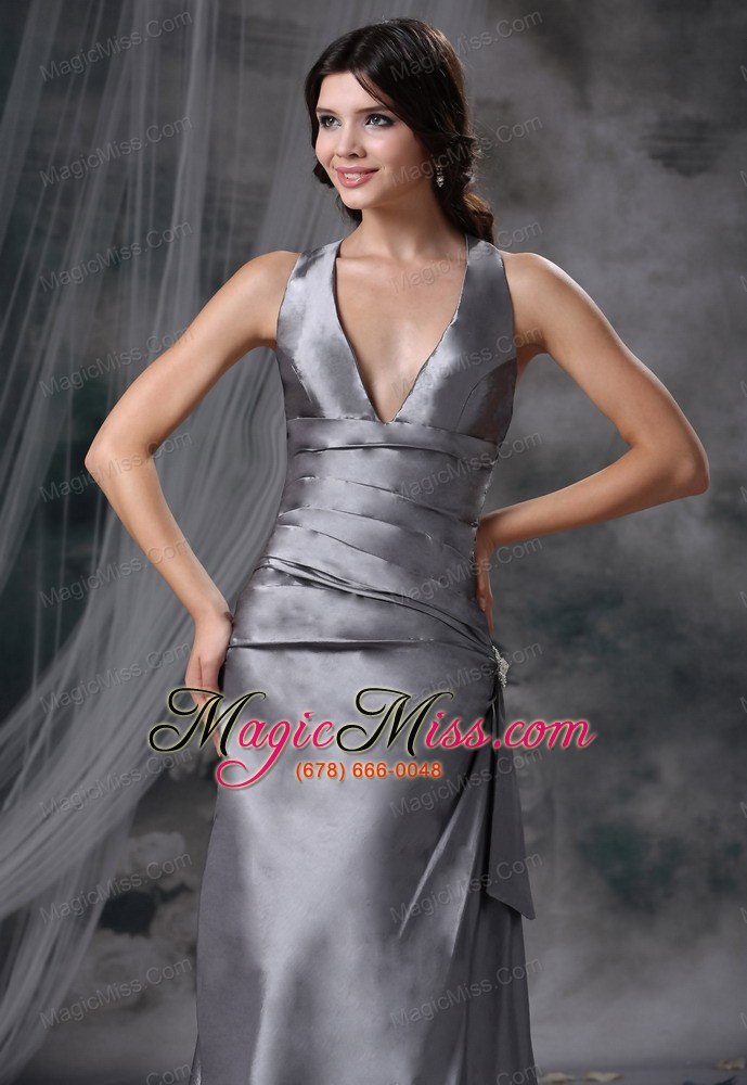 wholesale norwalk iowa v-neck grey criss cross floor-length satin modest style for 2013 prom / evening dress