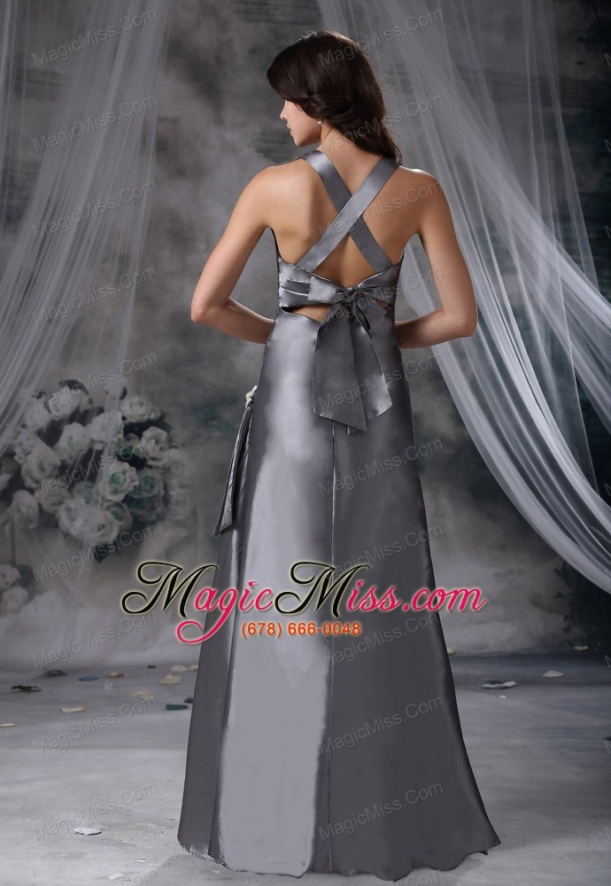 wholesale norwalk iowa v-neck grey criss cross floor-length satin modest style for 2013 prom / evening dress