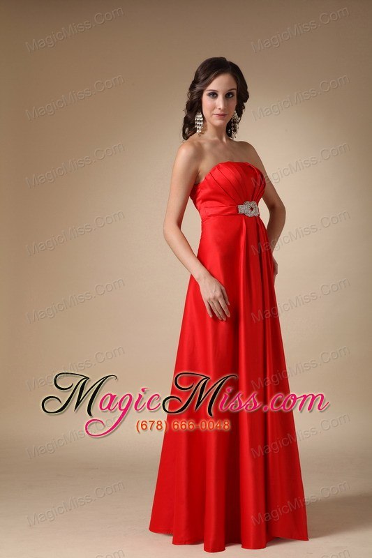 wholesale wine red a-line strapless floor-length satin beading prom dress