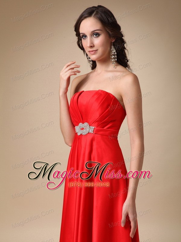 wholesale wine red a-line strapless floor-length satin beading prom dress