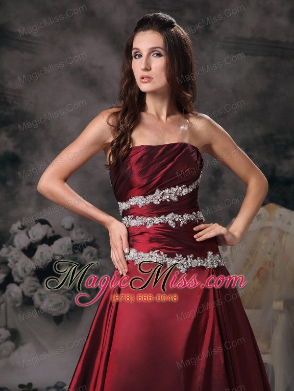 wholesale wine red a-line strapless brush train taffeta appliques prom / evening dress