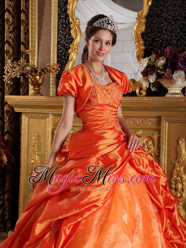 wholesale orange ball gown sweetheart floor-length appliques taffeta quinceanera dress