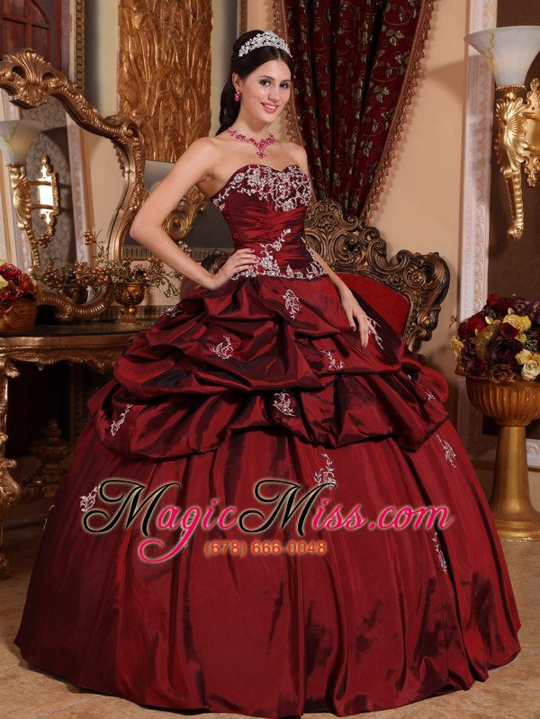 wholesale wine red ball gown sweetheart floor-length taffeta appliques quinceanera dress