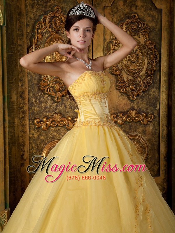 wholesale yellow ball gown strapless floor-length appliques organza quinceanera dress