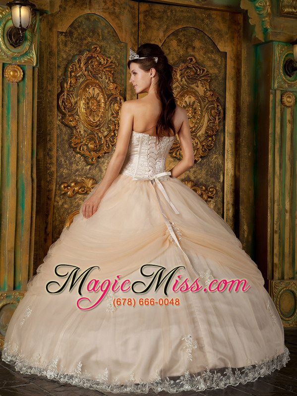wholesale champagne ball gown strapless floor-length appliques tulle quinceanera dress