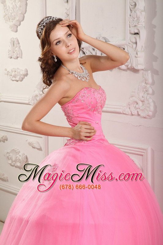 wholesale classical ball gown sweetheart floor-length tulle appliques rose pink quinceanera dress