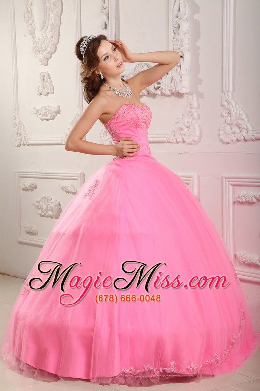 wholesale classical ball gown sweetheart floor-length tulle appliques rose pink quinceanera dress