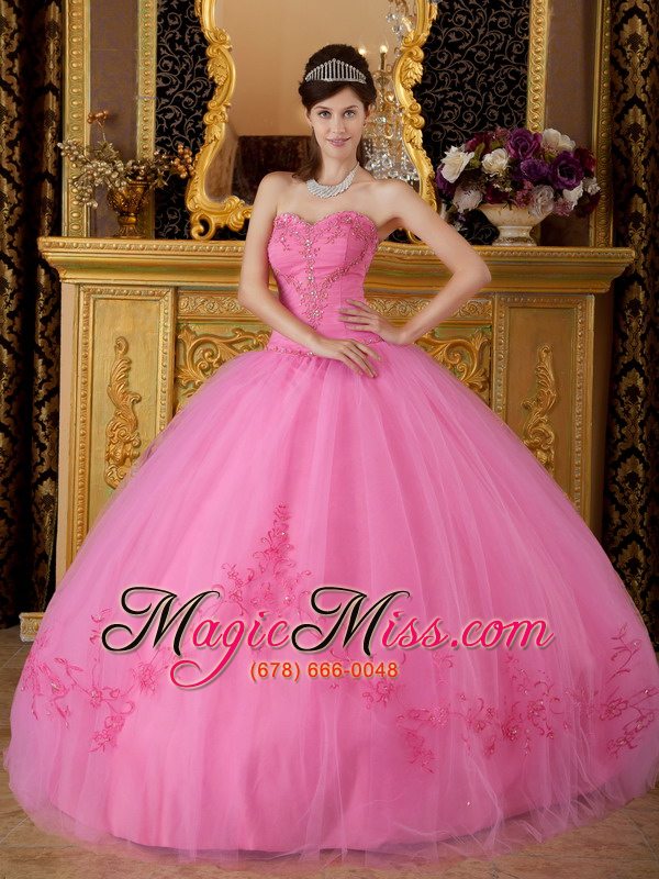 wholesale rose pink ball gown sweetheart floor-length tulle appliques quinceanera dress