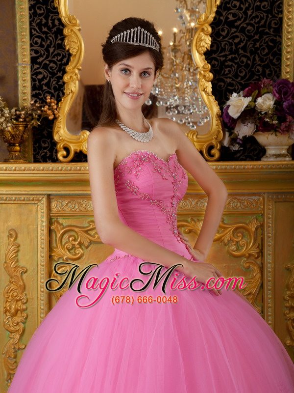 wholesale rose pink ball gown sweetheart floor-length tulle appliques quinceanera dress