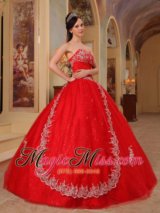 wholesale red ball gown sweetheart floor-length organza embroidery and beading quinceanera dress