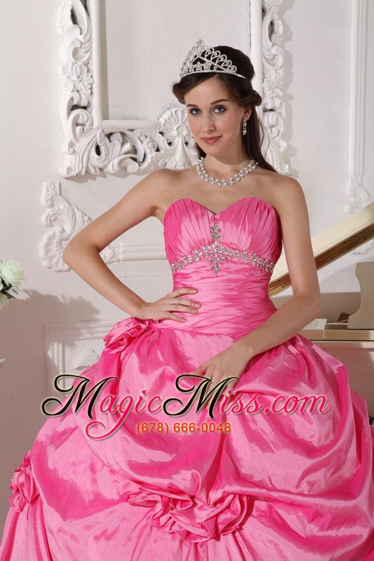 wholesale hot pink ball gown sweetheart floor-length taffeta beading and hand made flowers quinceanera dress