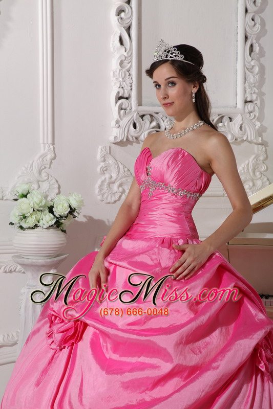 wholesale hot pink ball gown sweetheart floor-length taffeta beading and hand made flowers quinceanera dress