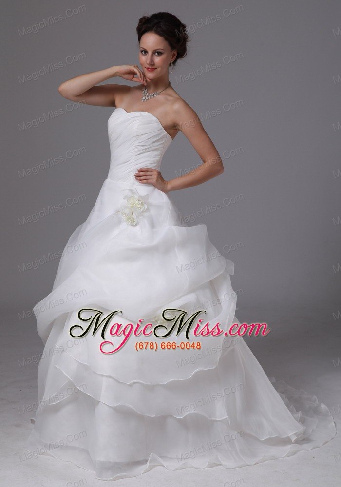 wholesale organza hand made flowers and pick-ups wedding dress with brush train for custom made in gainesville georgia