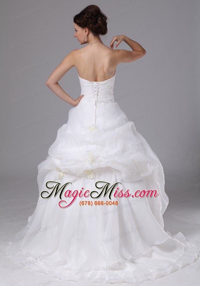 wholesale organza hand made flowers and pick-ups wedding dress with brush train for custom made in gainesville georgia