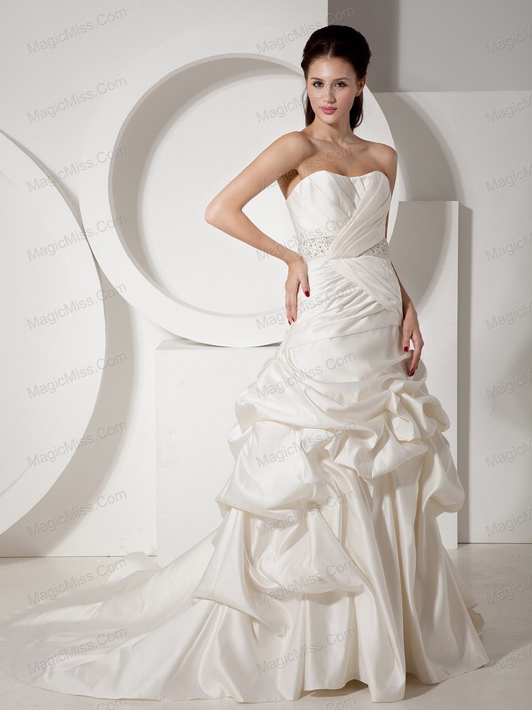 wholesale new a-line strapless court train satin beading and ruch wedding dress