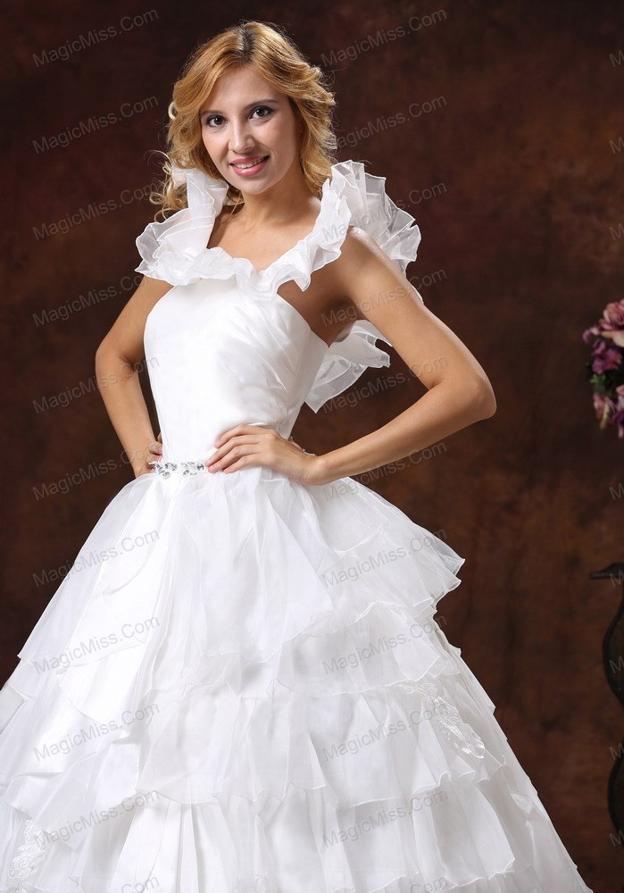 wholesale custom made scoop ball gown ruffled layered 2013 wedding dress with sash organza