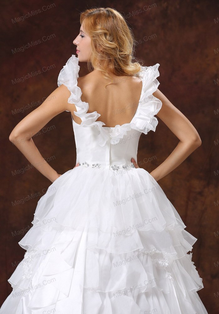 wholesale custom made scoop ball gown ruffled layered 2013 wedding dress with sash organza