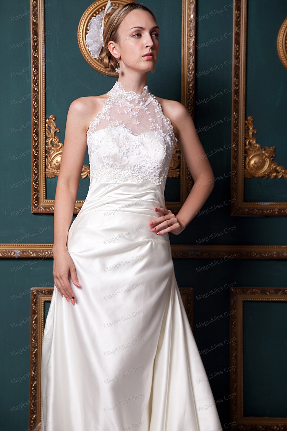 wholesale modest a-line high-neck chapel train taffeta lace wedding dress