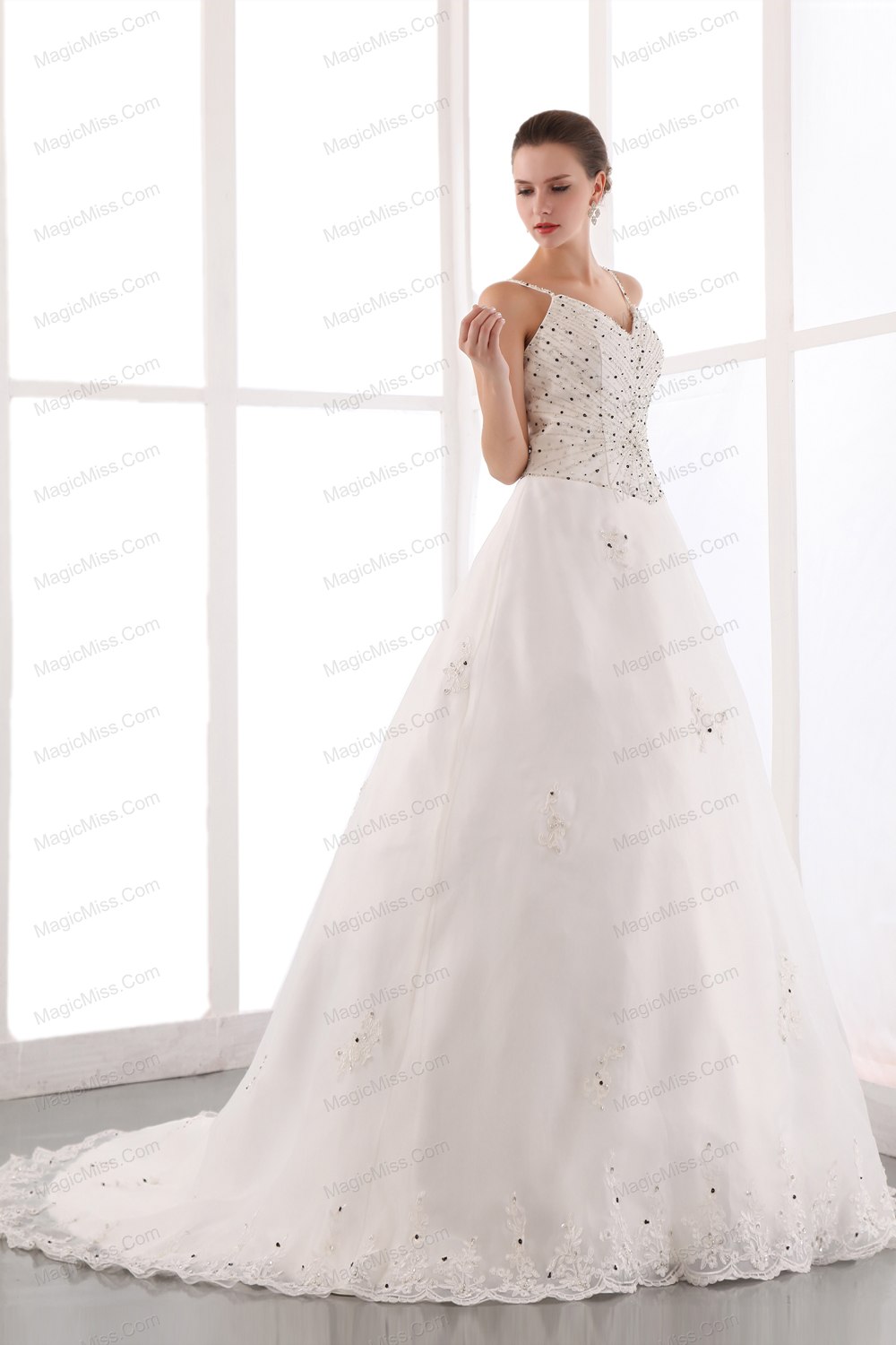 wholesale gorgeous a-line spaghetti straps chapel train satin and lace beading wedding dress