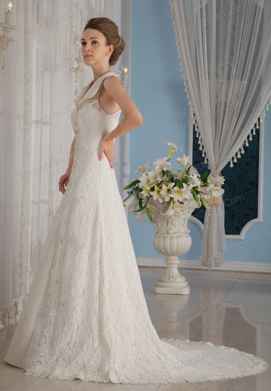 wholesale formal a-line / princess v-neck court train lace beading wedding dress