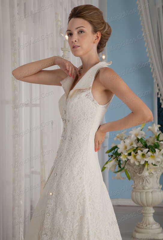 wholesale formal a-line / princess v-neck court train lace beading wedding dress