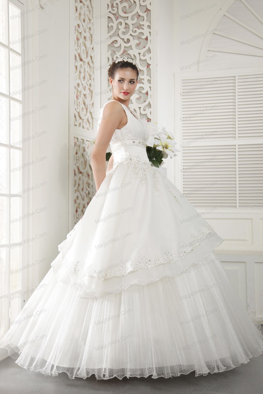 wholesale ivory a-line v-neck floor-length organza beading and ruch wedding dress