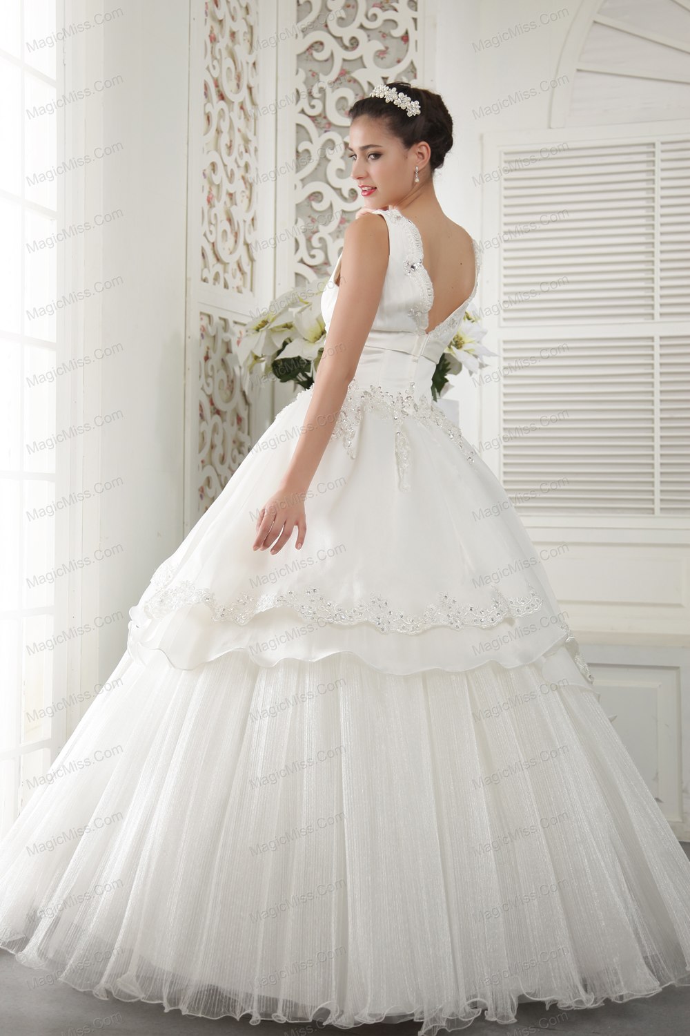 wholesale ivory a-line v-neck floor-length organza beading and ruch wedding dress