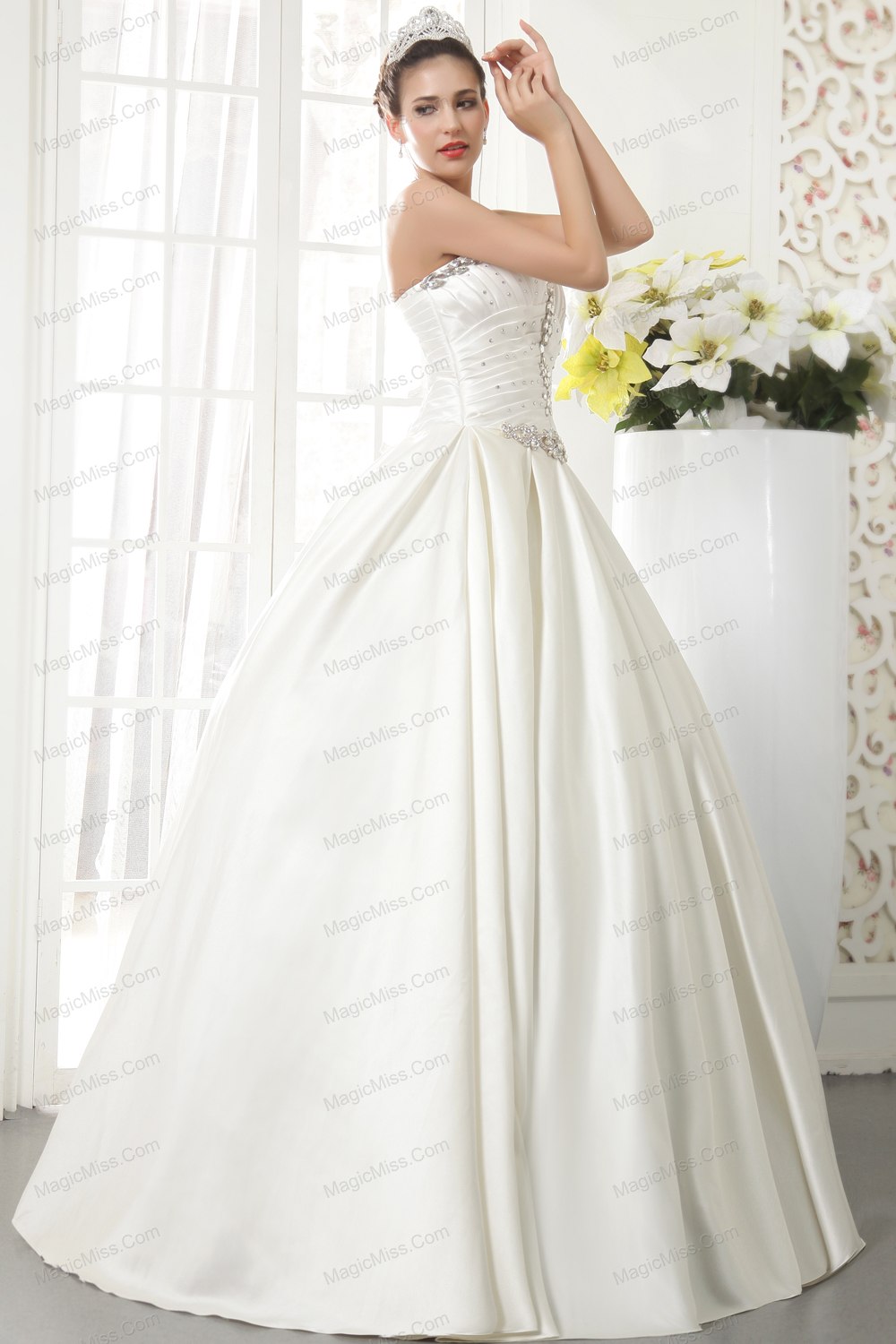 wholesale elegant a-line / princess sweetheart floor-length satin beading wedding dress