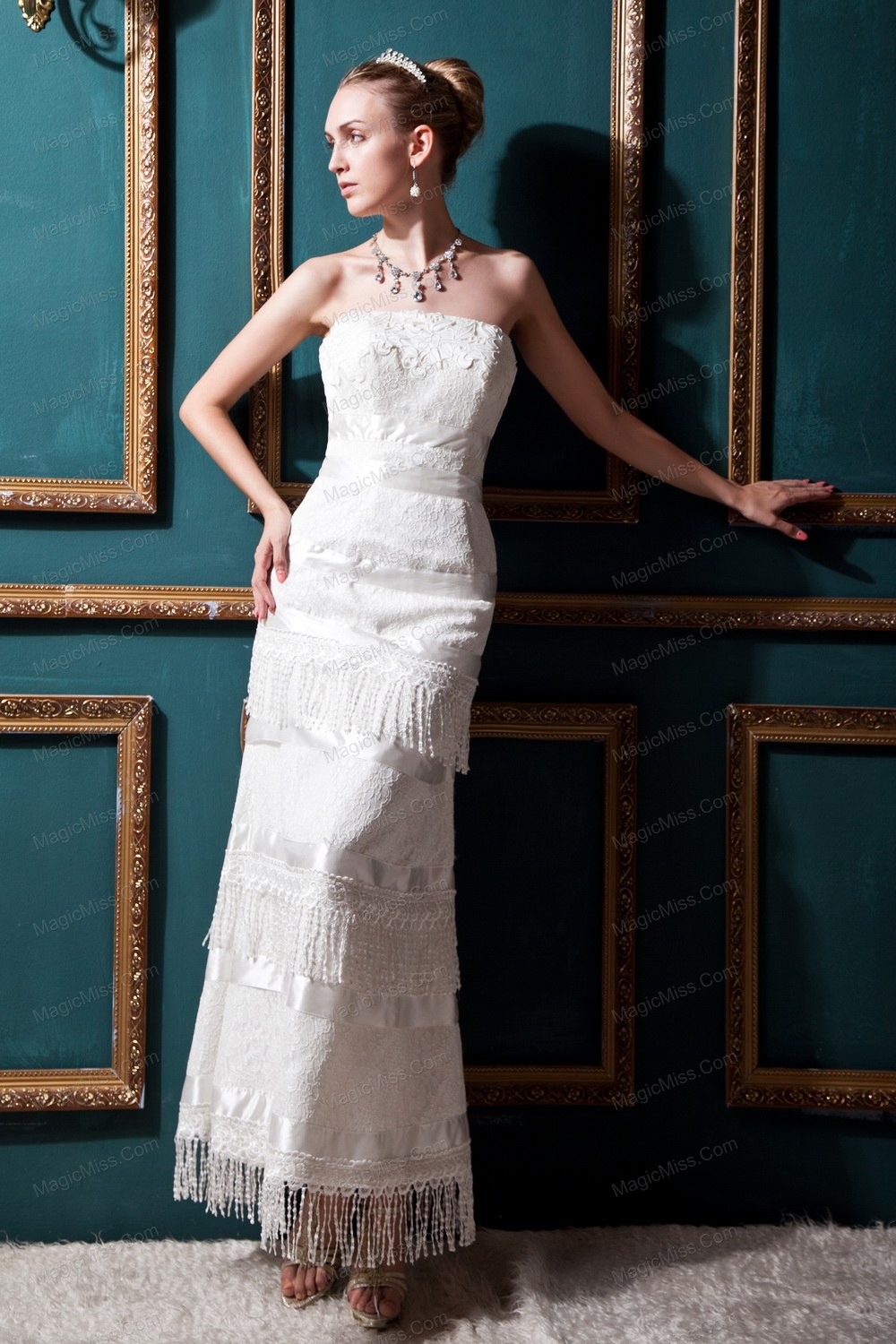 wholesale new arrival column strapless tea-length special fabric beading and lace wedding dress