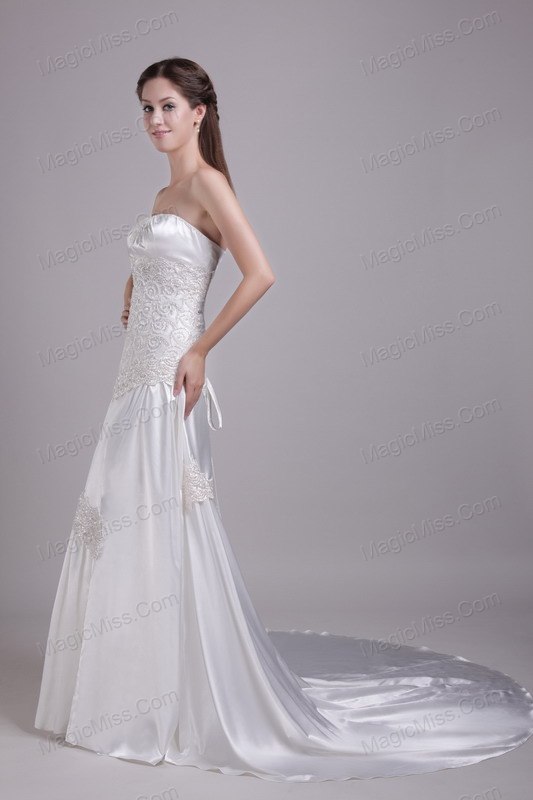 wholesale white column/sheath strapless brush train elastic woven satin lace wedding dress