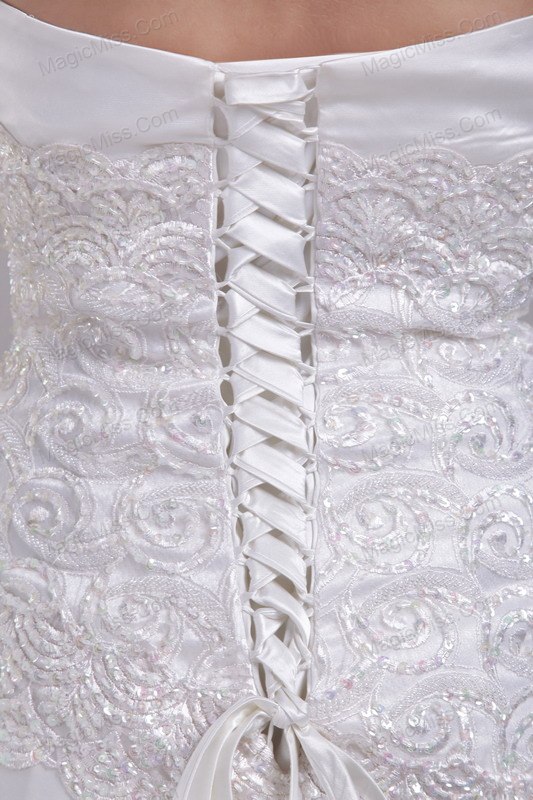 wholesale white column/sheath strapless brush train elastic woven satin lace wedding dress