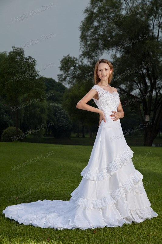 wholesale white a-line off the shoulder court train taffeta lace and ruch wedding dress