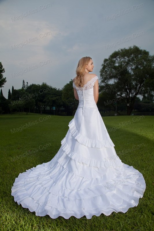 wholesale white a-line off the shoulder court train taffeta lace and ruch wedding dress