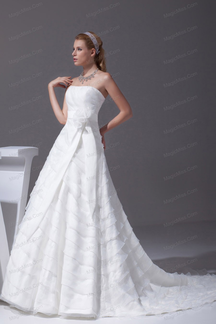 wholesale sash ruffled layers a-line brush train wedding dress