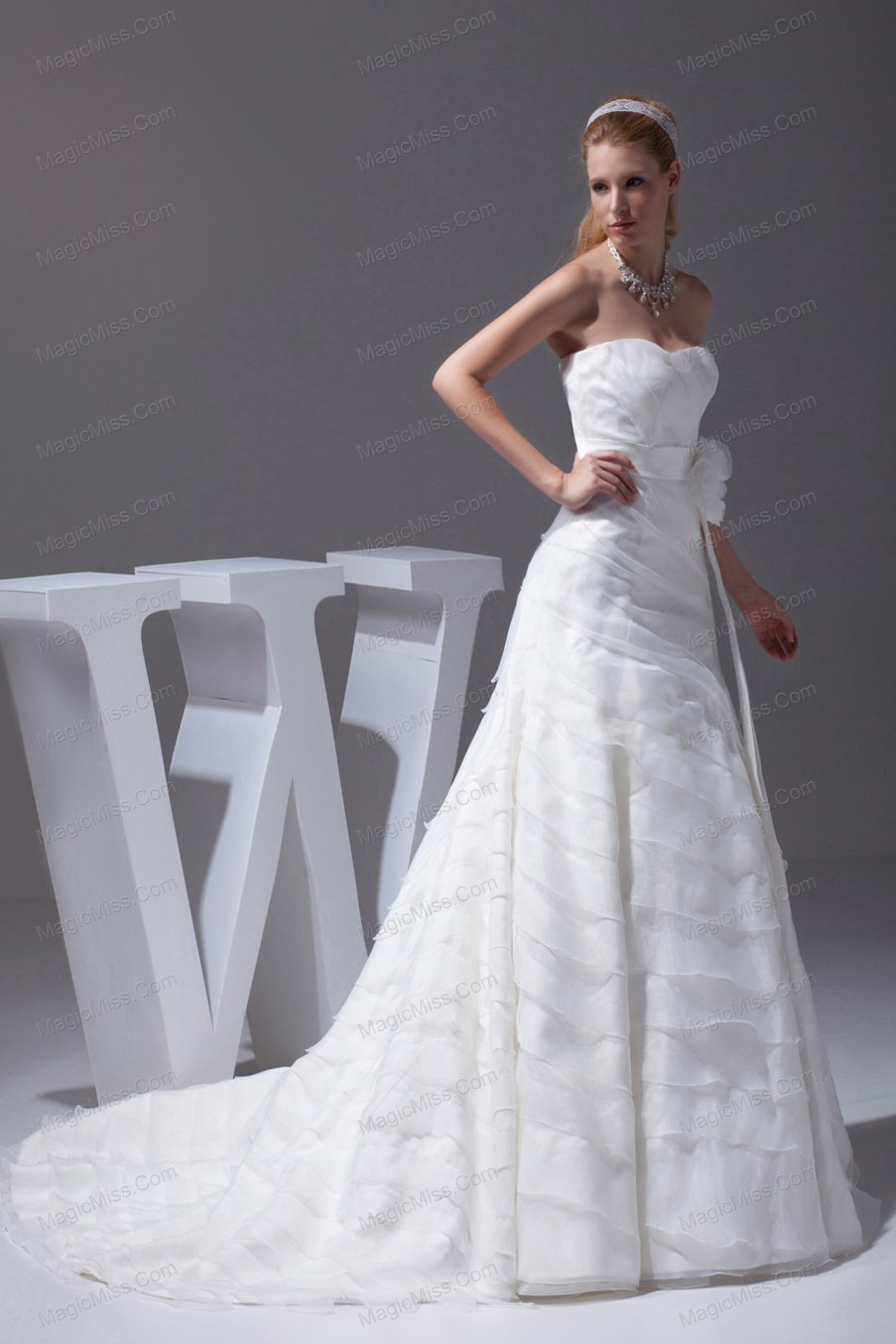 wholesale sash ruffled layers a-line brush train wedding dress