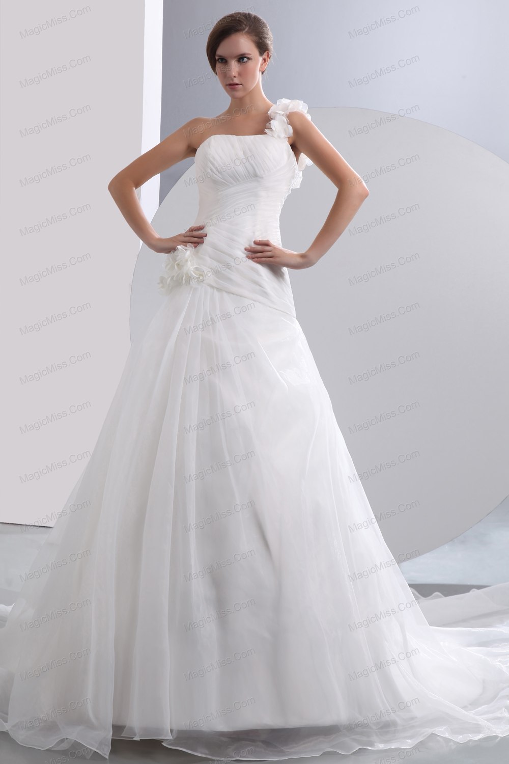 wholesale simple a-line one shoulder chapel train taffeta and organza hand made flowers ruch wedding dress