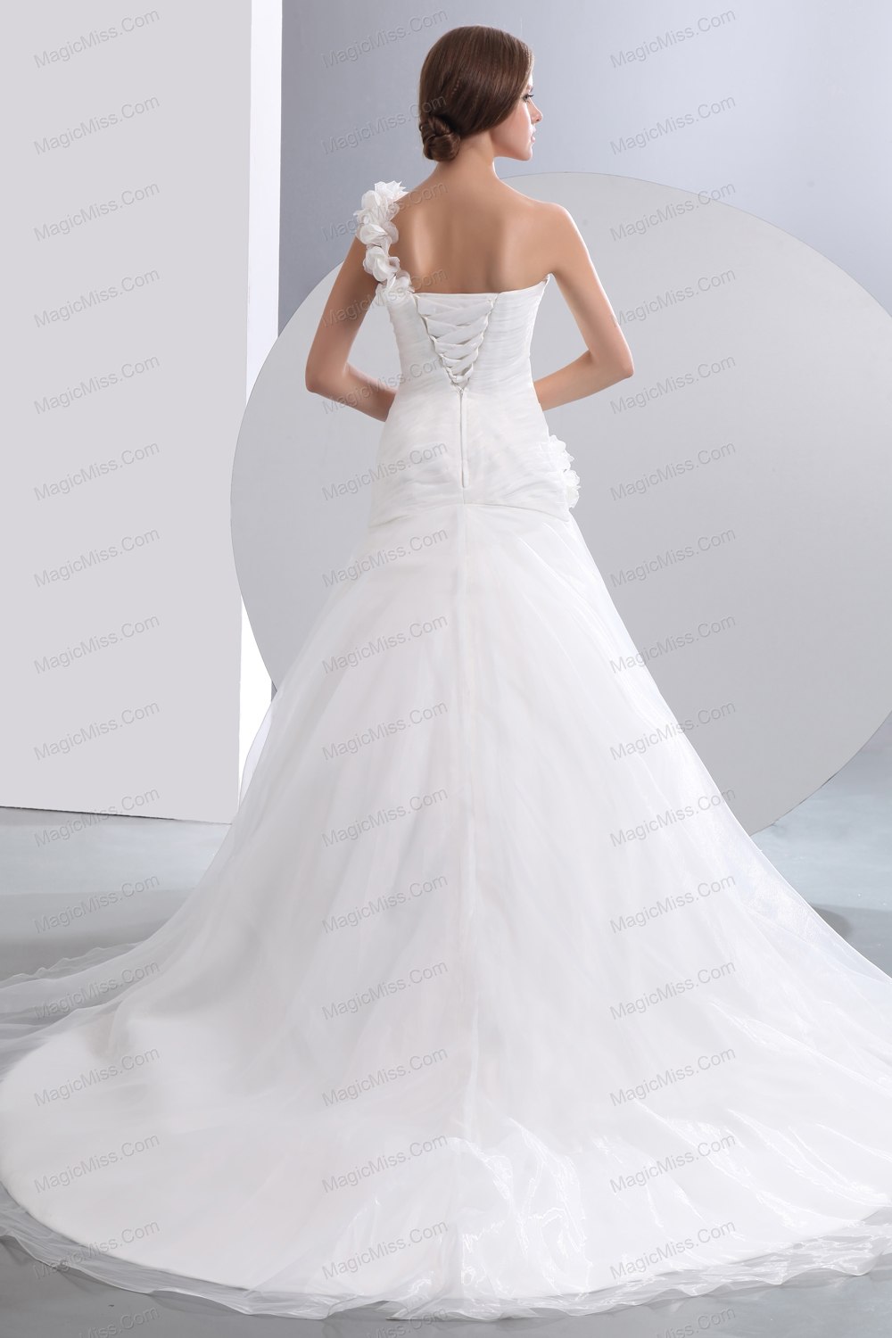 wholesale simple a-line one shoulder chapel train taffeta and organza hand made flowers ruch wedding dress