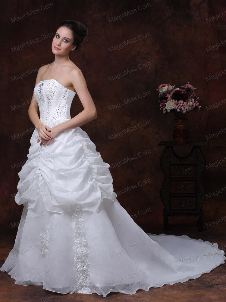 wholesale beading strapless stylish organza customize court train wedding dress