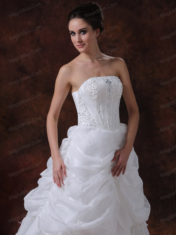wholesale beading strapless stylish organza customize court train wedding dress