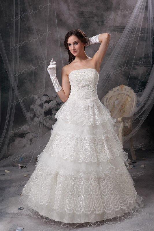 wholesale fashionable a-line strapless floor-length taffeta and lace wedding dress