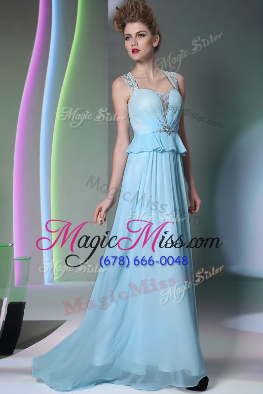 wholesale trendy chiffon scoop sleeveless zipper beading prom dresses in baby blue