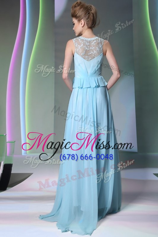 wholesale trendy chiffon scoop sleeveless zipper beading prom dresses in baby blue